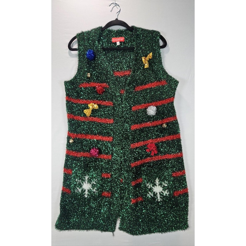 Blizzard Bay "Ugly" Christmas‎ Sweater Vest Green Red Tinsel Holiday S Whimsical